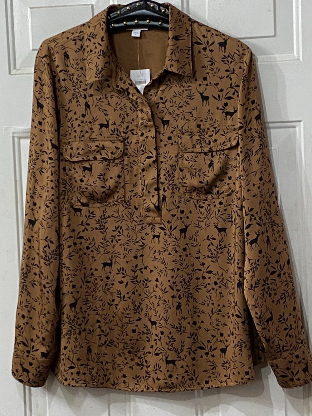 NWT J.Jill Womens Sz M Shirt Popover Tunic Long Sleeve Brown/Black Deer & Floral